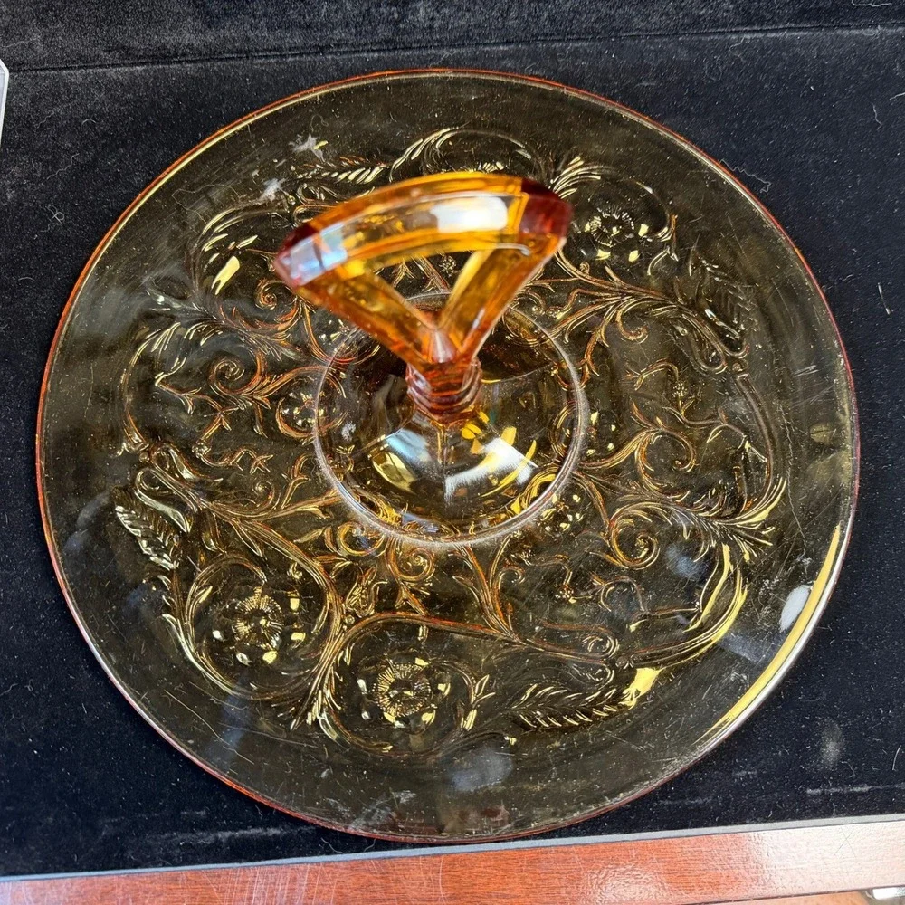 Vintage Rock Crystal Amber Glass Tidbit‎ Rose Floral Handle - 1930's